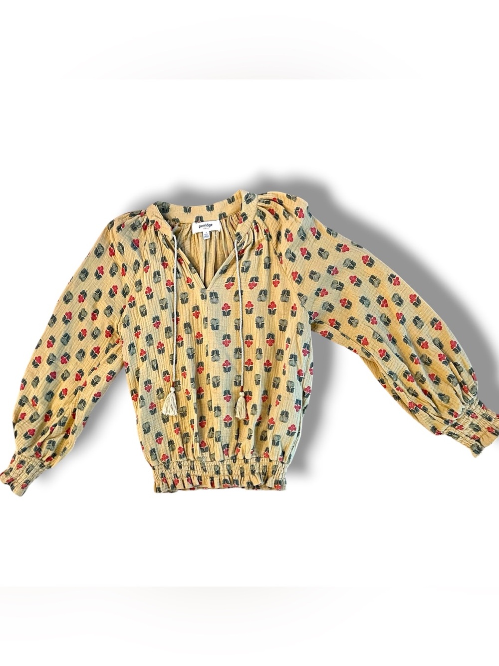 Anthropologie Porridge Blouse Small Peasant Top Yellow Floral Fall Print Boho D2